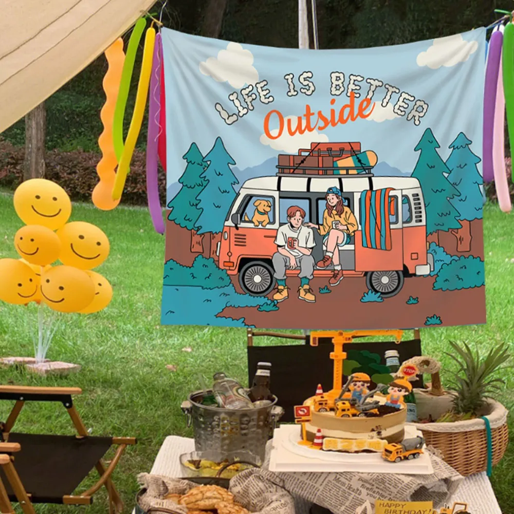 Outdoor Adventure Background - Tapiz Retro de Autocaravana, Decoración Boho